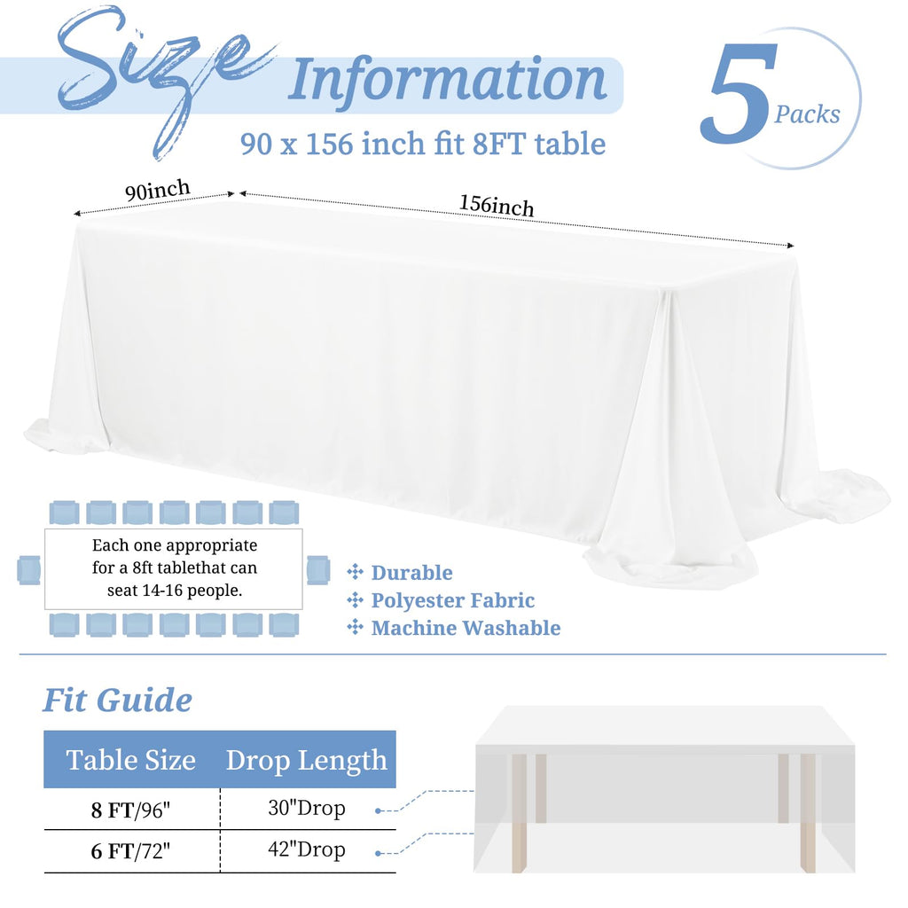 Showgeous 5 Pack White Tablecloths for 8 Foot Rectangle Tables 90 x 156 Inch Rectangular Tablecloth, Bulk Polyester Fabric Table Clothes Washable Long Table Covers for Wedding Party Buffet Restaurant