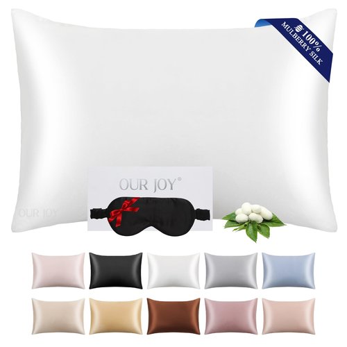 100% Mulberry Silk Pillowcase 22 Momme (SGS Certified) with Free Silk Eye Mask - Luxury Gift-Ready Folded Packaging, Cooling Pillow Cover for Hair & Skin Care (White, Standard (1 Pack))