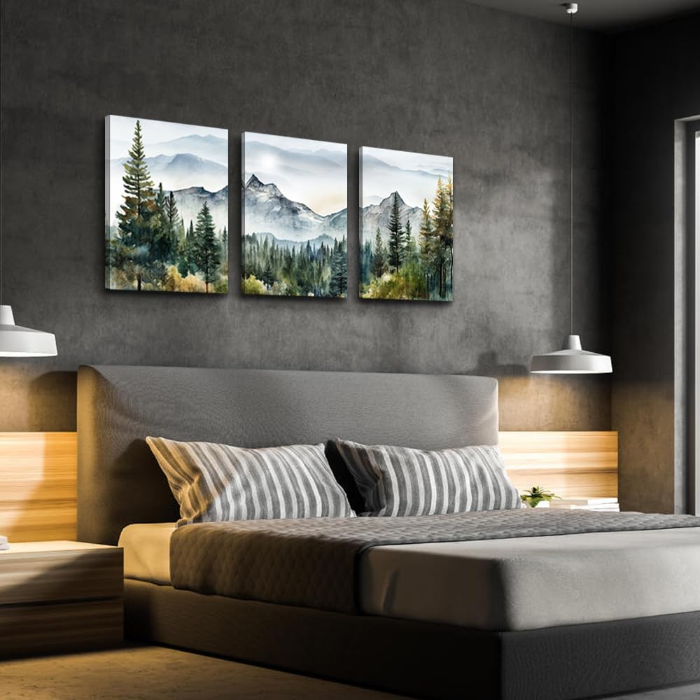 MHARTK66 Wall Art - Modern Abstract Mountain Forest Landscapes - 3 Piece Framed Canvas Prints for Living Room & Office Decor