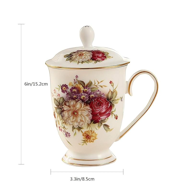 Floral 10oz Ceramic Mug with Gold Rim & Lid - Fine Bone China Tea Cup