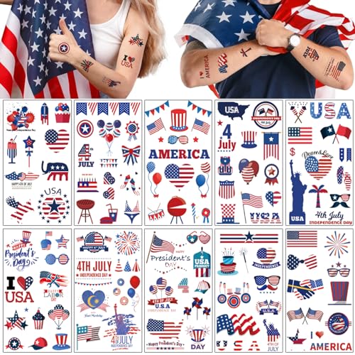 American Flag Temporary Tattoos - 10 Sheets Independence Day Party Favors