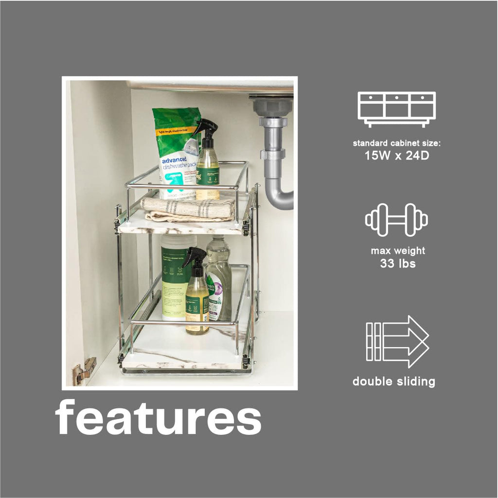 Household Essentials Glidez Chrome-Plated Steel and Faux Marble 2-Tier Pull-Out/Slide-Out Storage Organizer, 11.25" Wide, White and Chrome