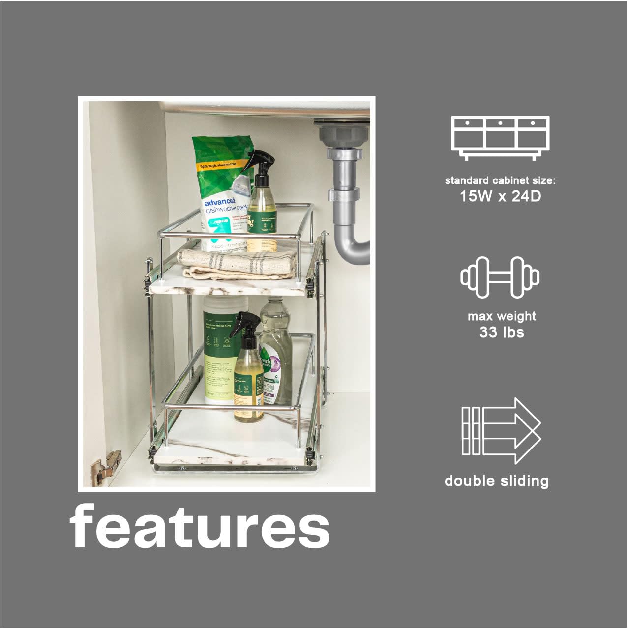 Household Essentials Glidez Chrome-Plated Steel and Faux Marble 2-Tier Pull-Out/Slide-Out Storage Organizer, 11.25" Wide, White and Chrome