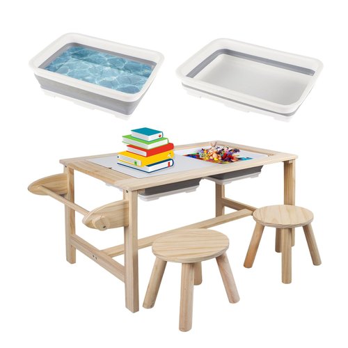 QEKMSY Kids Sensory Bins Table with 2 Stool, Multifunctional Children Interactive Activity Wooden Table Set for 1-3 Years, Drawing Table Play Sand & Water with Storage Bins Lid