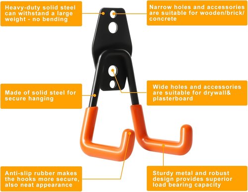 KURUI Heavy Duty Wall Hooks - 2 Pack Metal Garage Tool Organizers for Ladders, Hoses & Garden Tools