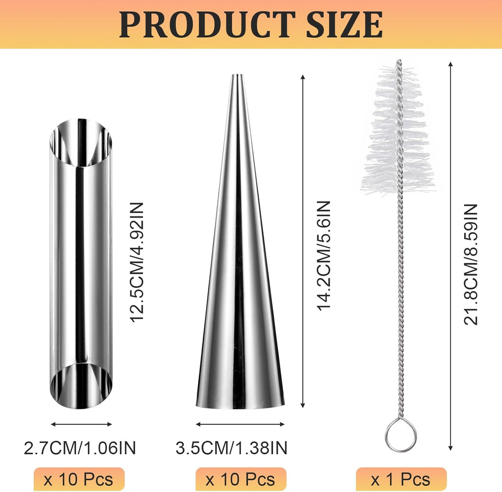 Skiennix 21-Piece Cream Horn Mold Kit - Non-Stick Stainless Steel Baking Tools with Cleaning Brush