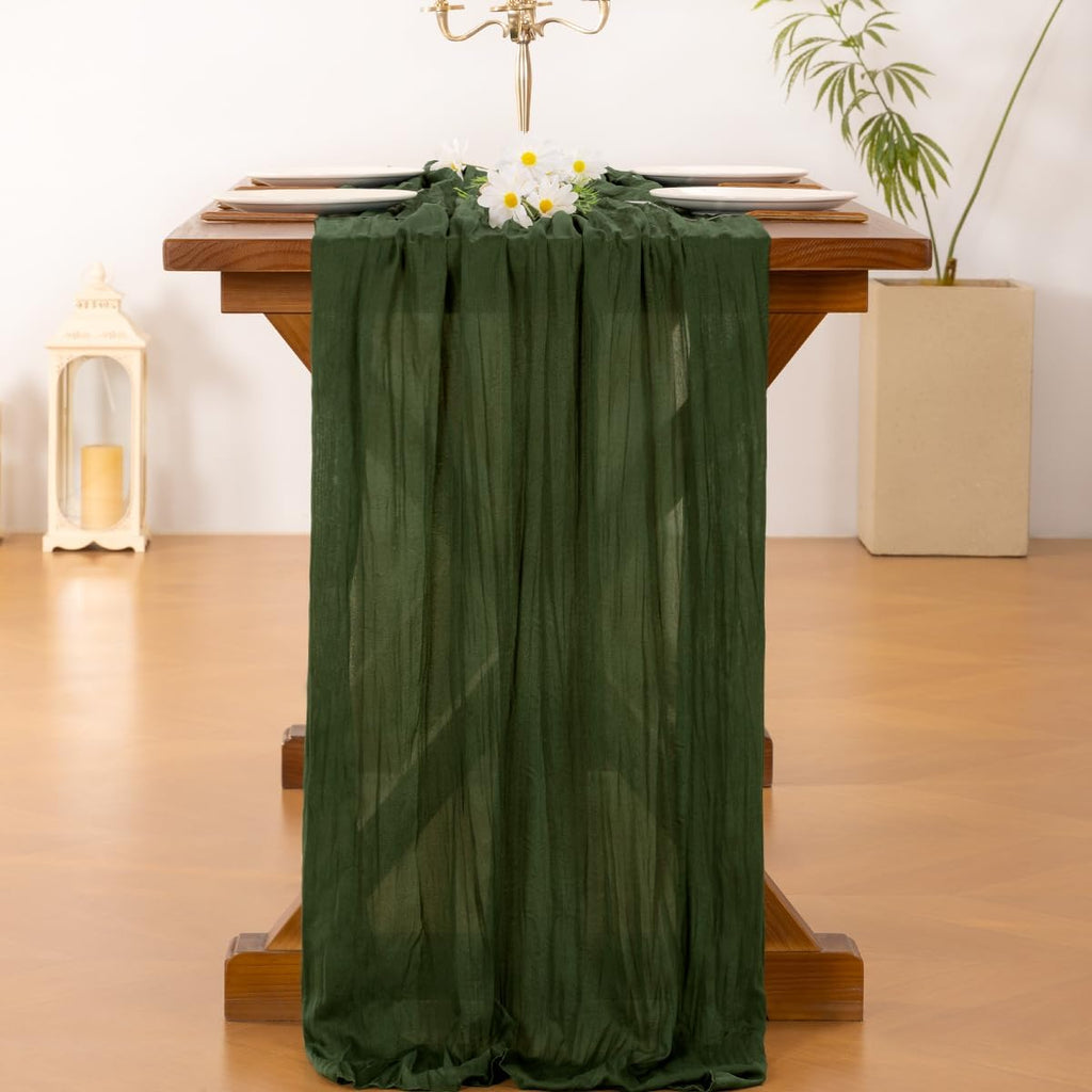 Socomi Olive Green Cheesecloth Table Runner - Boho Rustic 120-Inch Decor for Weddings & Events