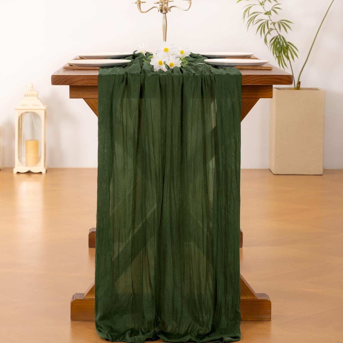 Socomi Olive Green Cheesecloth Table Runner - Boho Rustic 120-Inch Decor for Weddings & Events