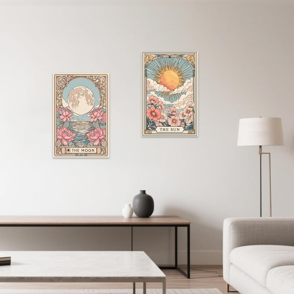 SWQYLB Celestial Sun Moon Wall Art Set - Floral Canvas Prints for Witchy Bedroom Decor (12"x16")