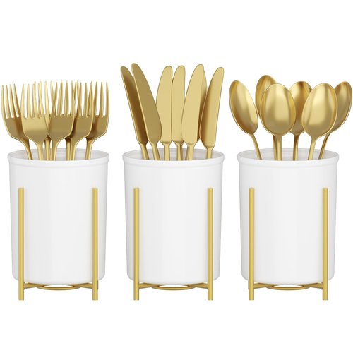 Lifewit Plastic Silverware Holder for Kitchen Countertop, Cutlery Flatware Caddy with Metal Bracket, Utensil Spoon Fork knives Organizer for Party Picnic, Gold, 3 Pack