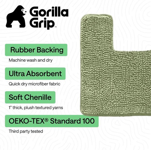 GORILLA GRIP Plush Chenille Bath Rug Mat - Soft Microfiber, Machine Washable, Sage Color, Fits Square Toilet Base