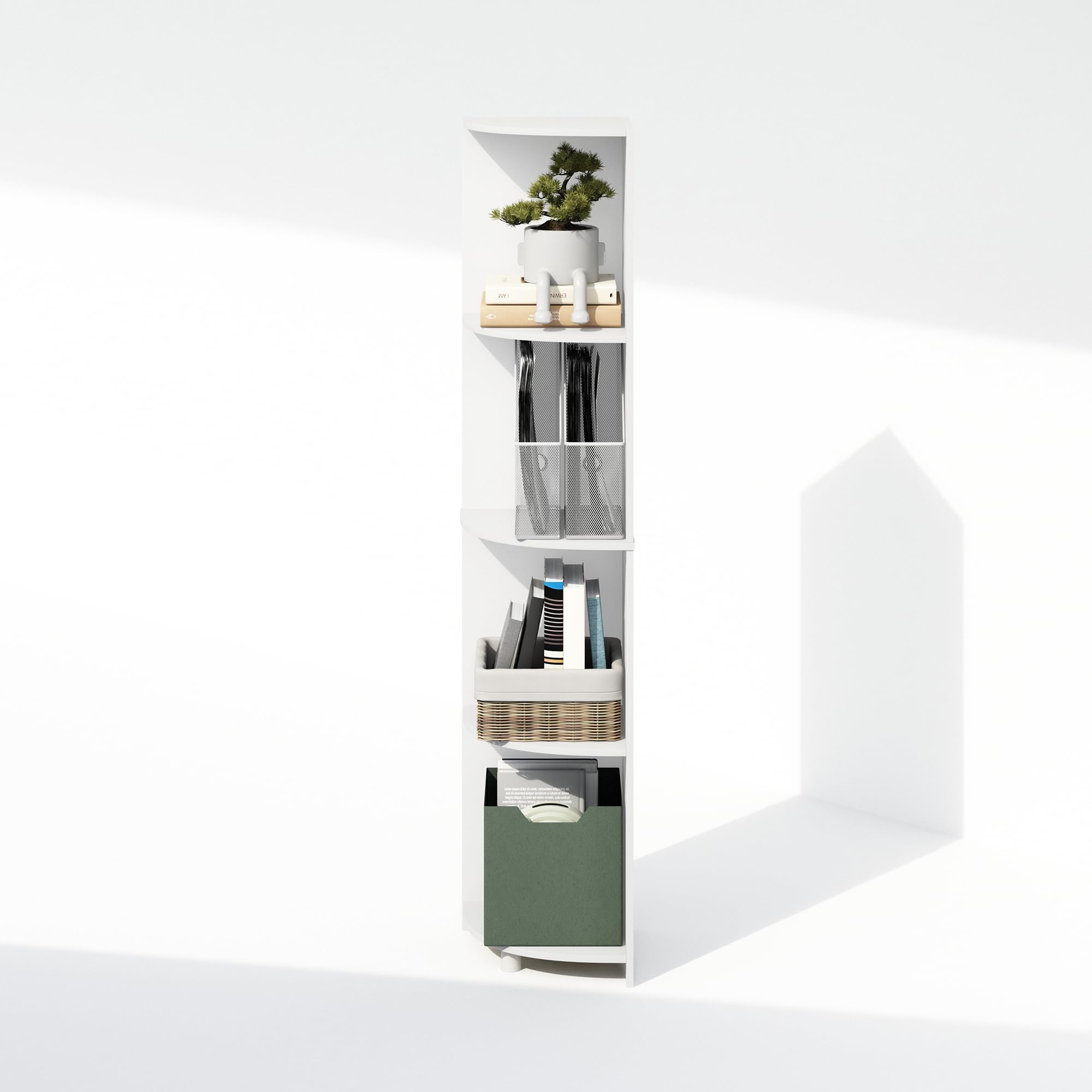 Furinno Basic Book Shelf, 4-Tier Bookshelf, Bookcase with Corner Shelf, 12 x 12 x 57.1, for Living Room, Bedroom, Home Office, White