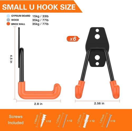 HUPBIPY Heavy Duty Garage Hooks - 6 Pack Small U-Shaped Hangers for Tools & Bulk Items Storage