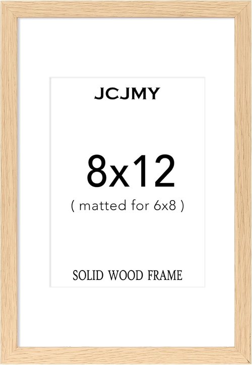 JCJMY Solid Wood Picture Frame - Display 6x8 with Mat or 8x12 Without Mat | Natural Finish, Shatter-Resistant Plexiglass