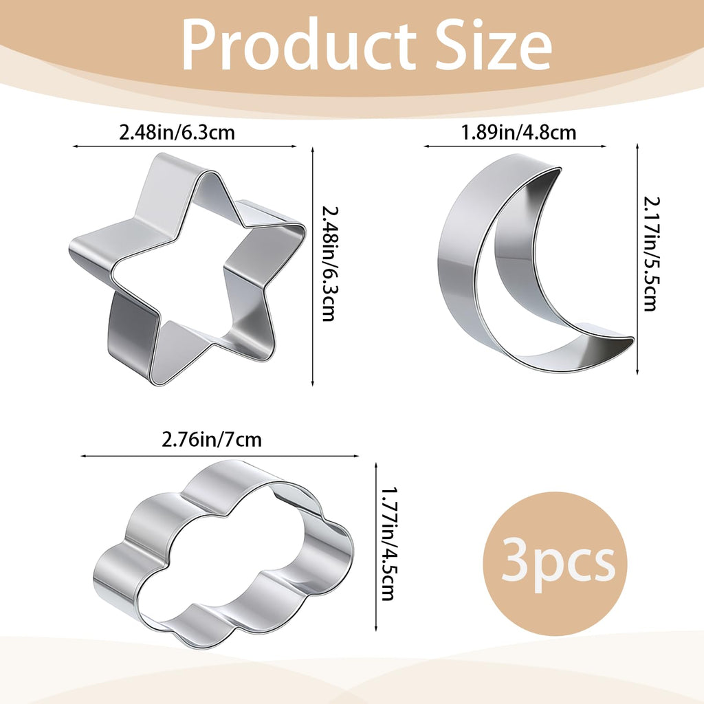 3 Pieces Star, Moon and Cloud Cookie Cutters, Stainless Steel Cute Cookie Cutters for Birthday Cake Cupcake Party Decorations