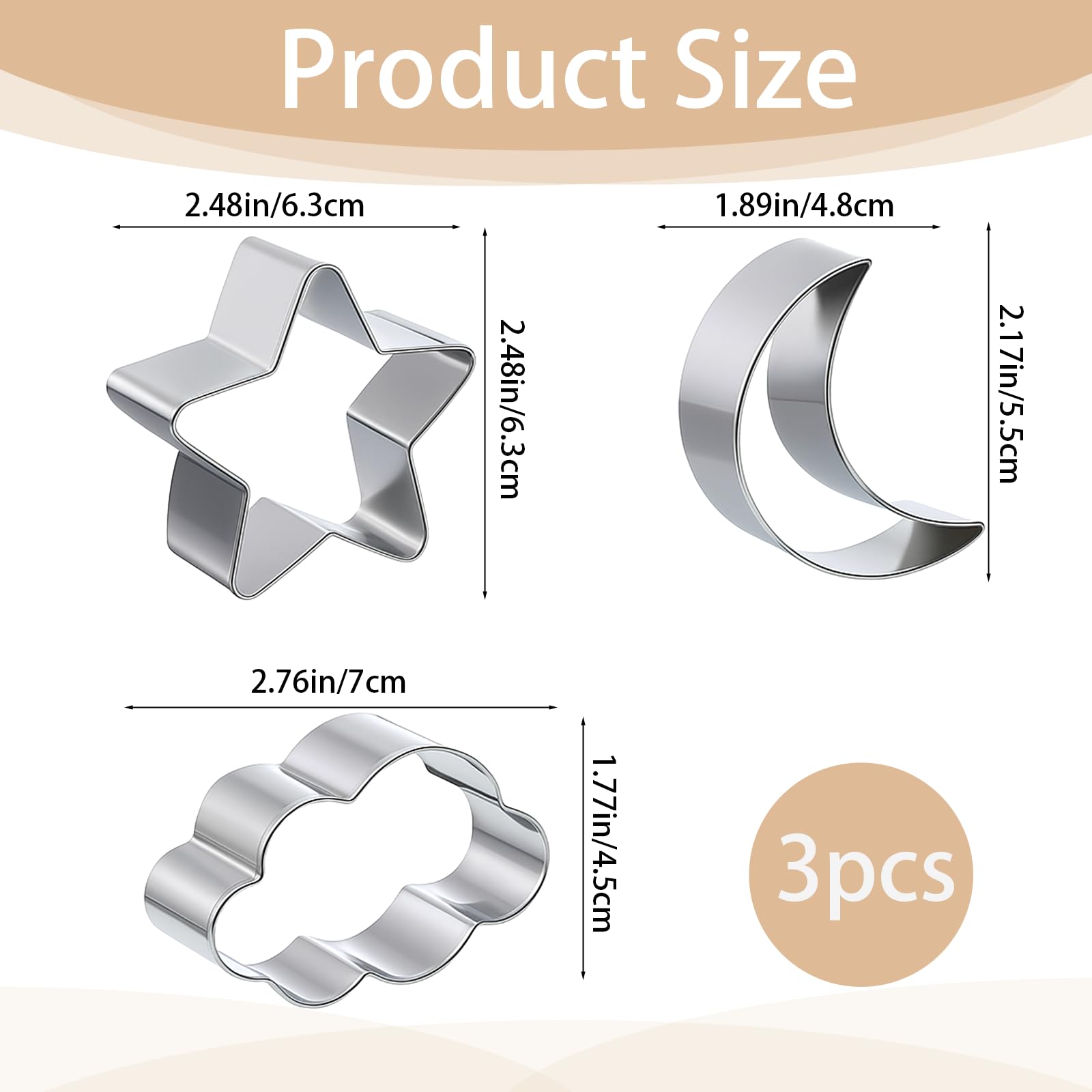 3 Pieces Star, Moon and Cloud Cookie Cutters, Stainless Steel Cute Cookie Cutters for Birthday Cake Cupcake Party Decorations
