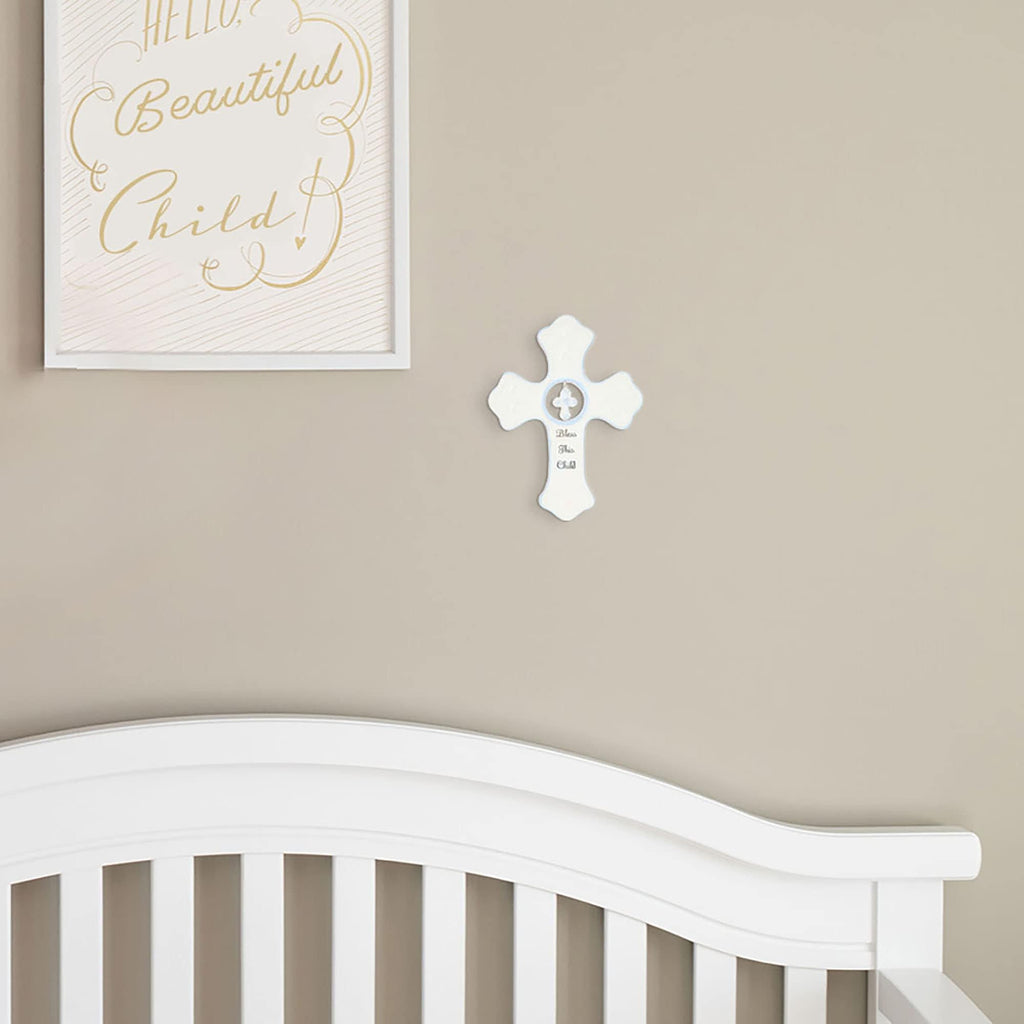 DEMDACO Bless This Child Wall Cross - Blessing Cross for Baby - Faith Nursery Decor - Gift for Newborn - Religious Christian Wall Hanging - Porcelain - Gift Box Packaging - Blue