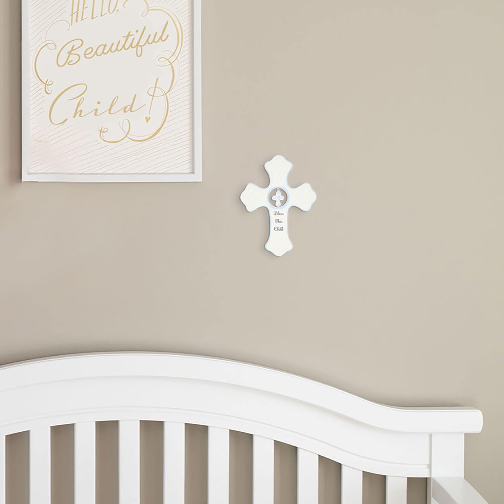 DEMDACO Bless This Child Wall Cross - Blessing Cross for Baby - Faith Nursery Decor - Gift for Newborn - Religious Christian Wall Hanging - Porcelain - Gift Box Packaging - Blue