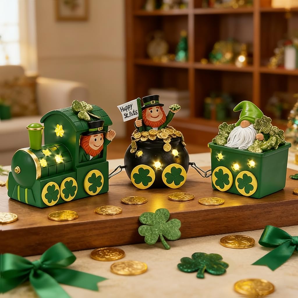 St. Patrick's Day Decorations - Lighted Leprechaun Train Centerpiece for Home & Dining Room