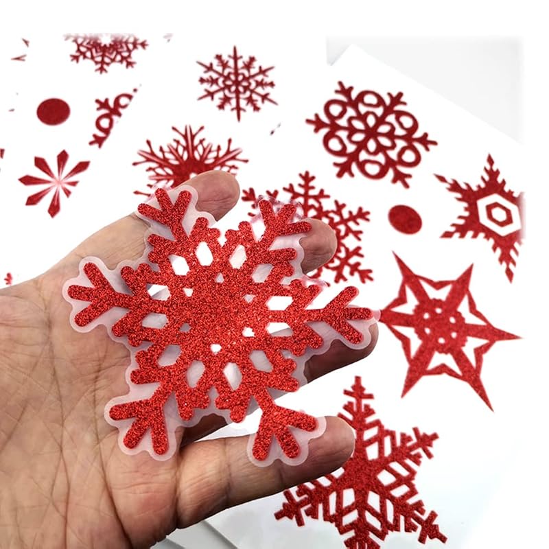 Glitter Red Snowflake Window Clings - 9 Sheets Electrostatic PVC Xmas Decor