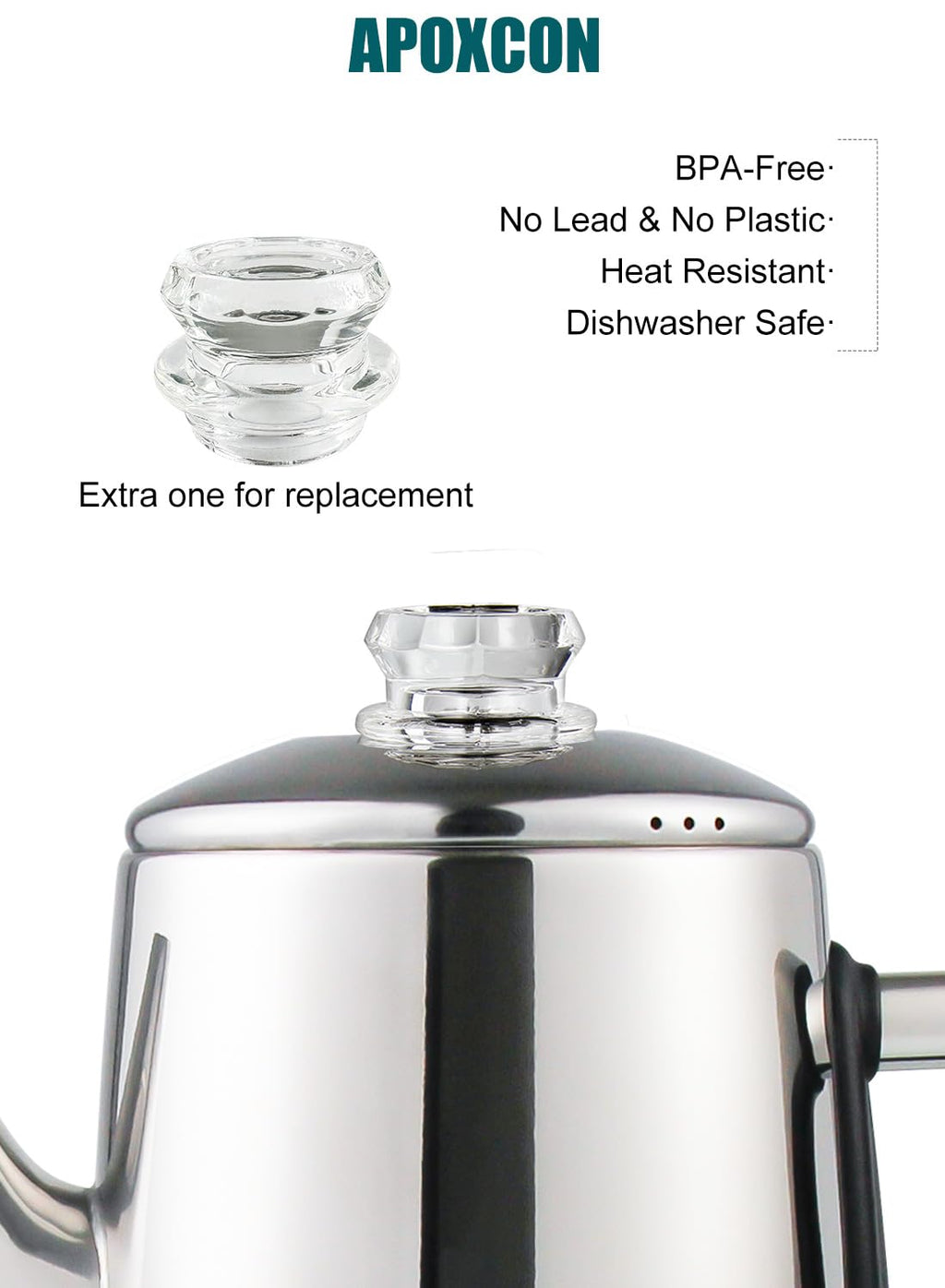 APOXCON Electric Coffee Percolator Stainless Steel Coffee Maker with Two Heat Resistant Tough Glass Clear Brew Progress Knob Classic Look Keep Warm & Cordless Serving Coffee Pot 12 Cup