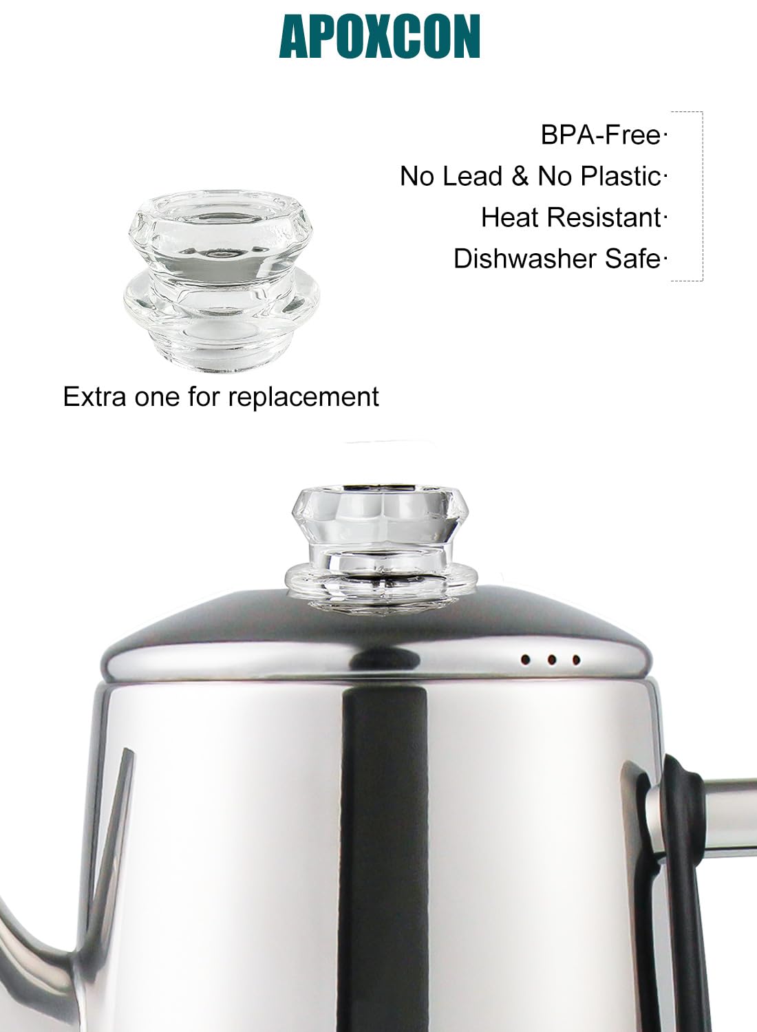 APOXCON Electric Coffee Percolator Stainless Steel Coffee Maker with Two Heat Resistant Tough Glass Clear Brew Progress Knob Classic Look Keep Warm & Cordless Serving Coffee Pot 12 Cup