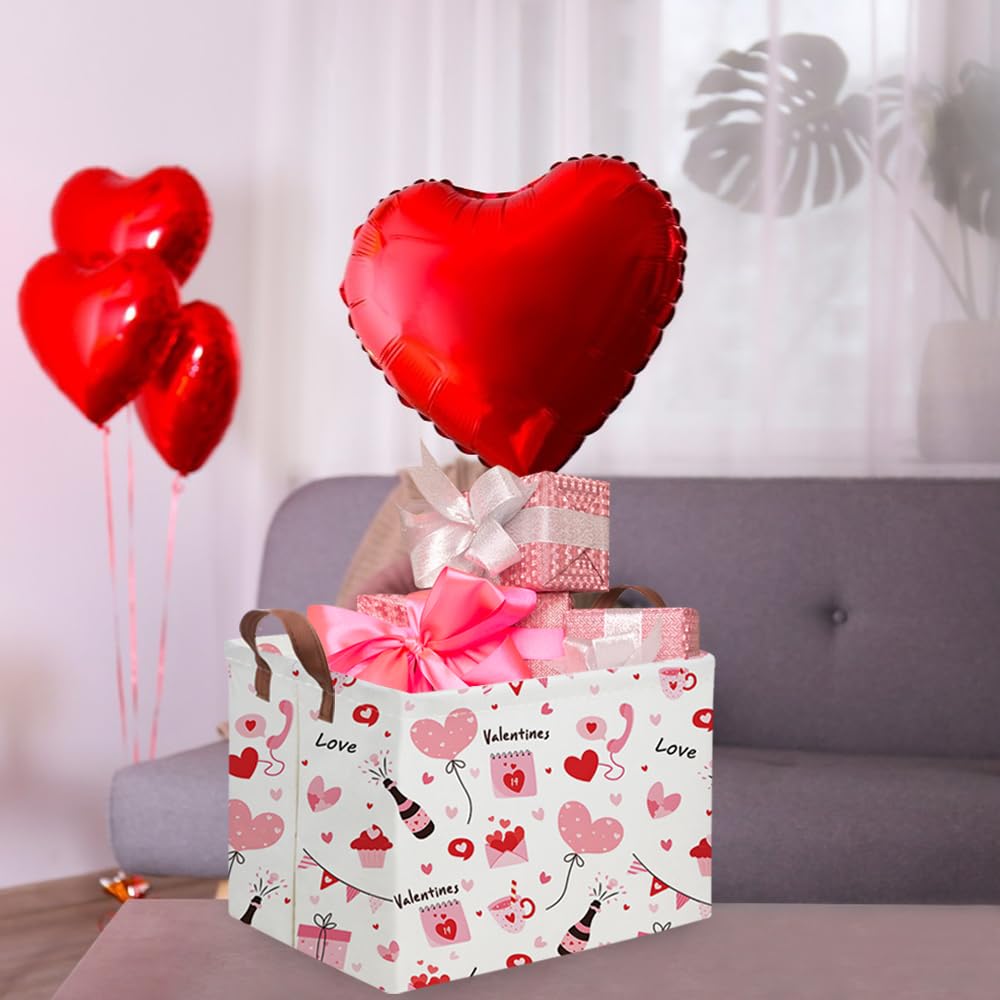 FXOCSHE Rectangular Pink Valentine's Day Gift Basket,nursery basket,Pink girls gift baskets,kids toy storage Bin, Love Heart Room Decor for Home,Shelf Baskets(Balloon Love)