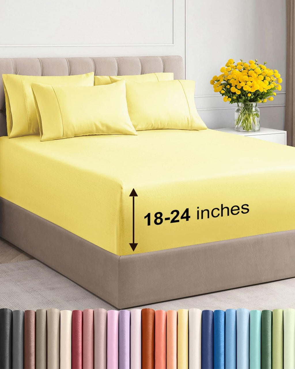 Skiennix Extra Deep Full Sheet Set - 6 Piece Breathable Cooling Sheets - Luxury Hotel Quality - Soft Wrinkle-Free Yellow