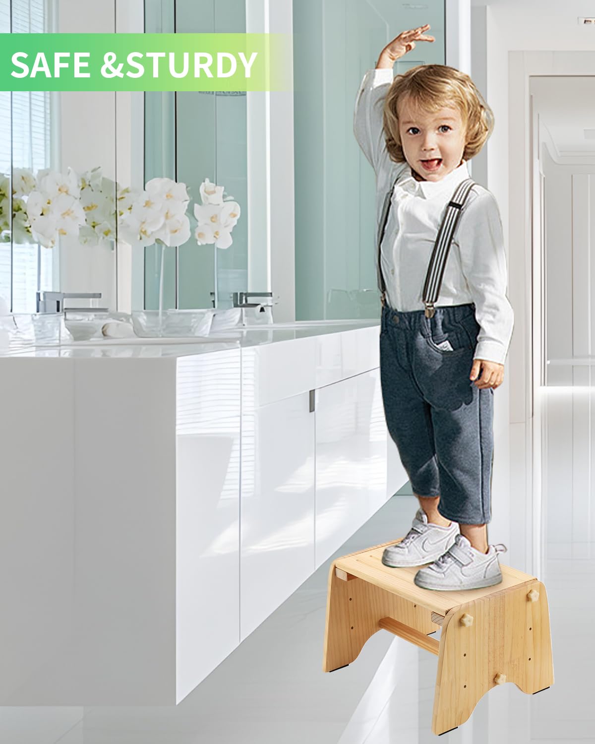 9" Wooden Step Stool for Kids Adults Elderly - 200Lbs Capacity Natural Pine