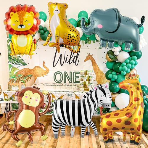 Safari Animal Balloons Set - Lion, Zebra, Giraffe, Monkey, Elephant & Leopard for Jungle Party Decorations