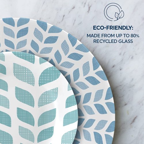 Corelle Global Collection Vitrelle 18-Piece Dinnerware Set Triple Layer Recycled Glass, Lightweight Eco-Friendly Round Plates and Bowls Set, Northern Pines