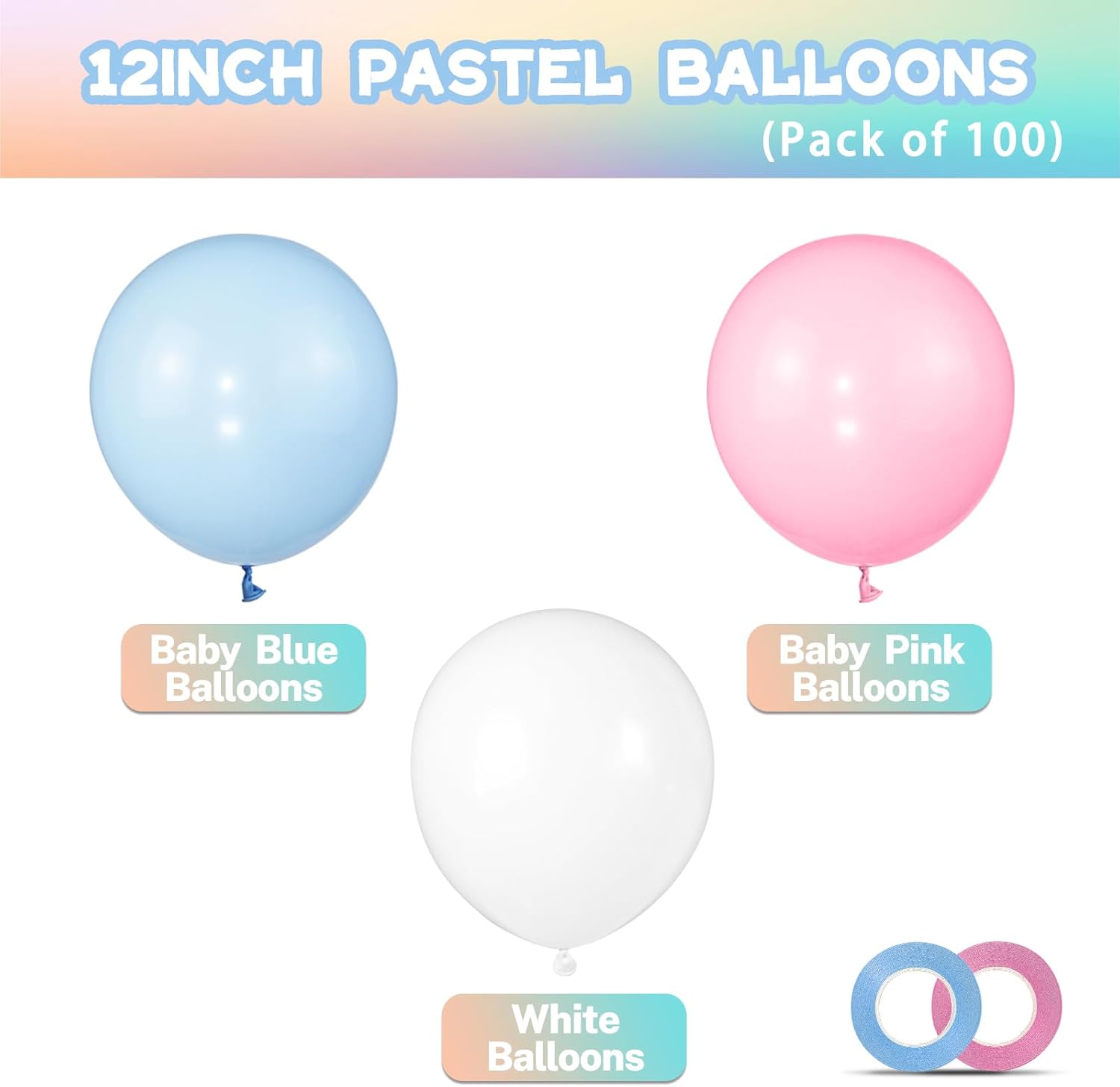 Pastel Pink & Blue Balloons by [Brand Name] - 100 Pack 12-Inch Latex Balloons with 65ft Ribbon for Gender Reveal & Baby Shower Decor