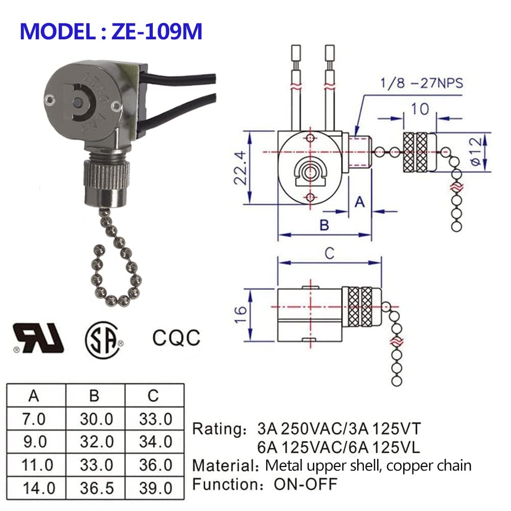 Ceiling Fan Light Switch ZE-109m Metal Pull Chain Switch,Two Wire Fan Switch For Ceiling Fan Light Fixture Replacement Parts- Gun Color