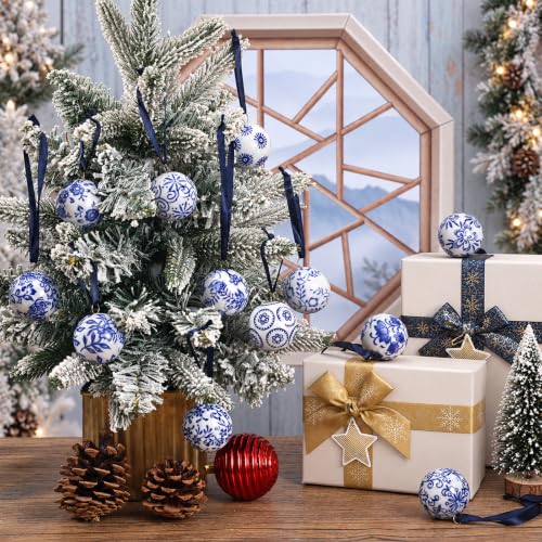 12 Pcs Blue & White Ceramic Chinoiserie Christmas Ornament Balls - 1.57 Inch