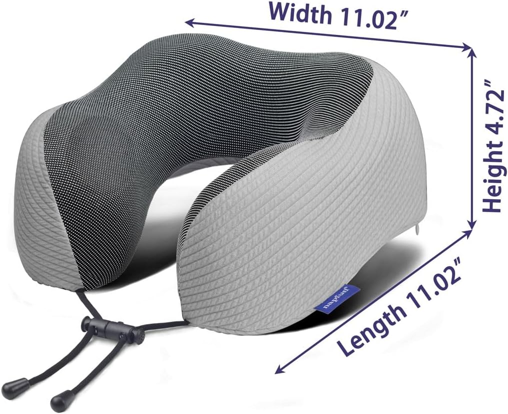 Napfun Neck Pillow - Memory Foam Travel Pillow with Pouch, Sleep Mask & Earplugs | Light Gray Striped Set