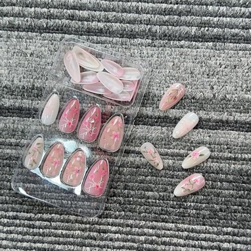 Pink Floral Medium Almond Press-On Nails with 3D Pearl Designs