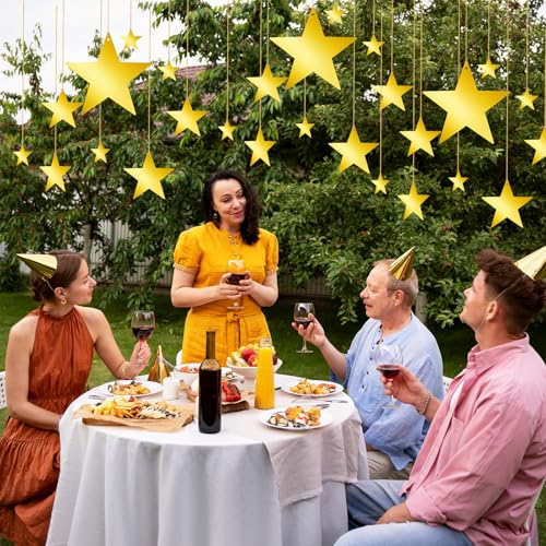 24Pcs Gold Hanging Star Decorations - Glitter Cardboard Cutouts with String