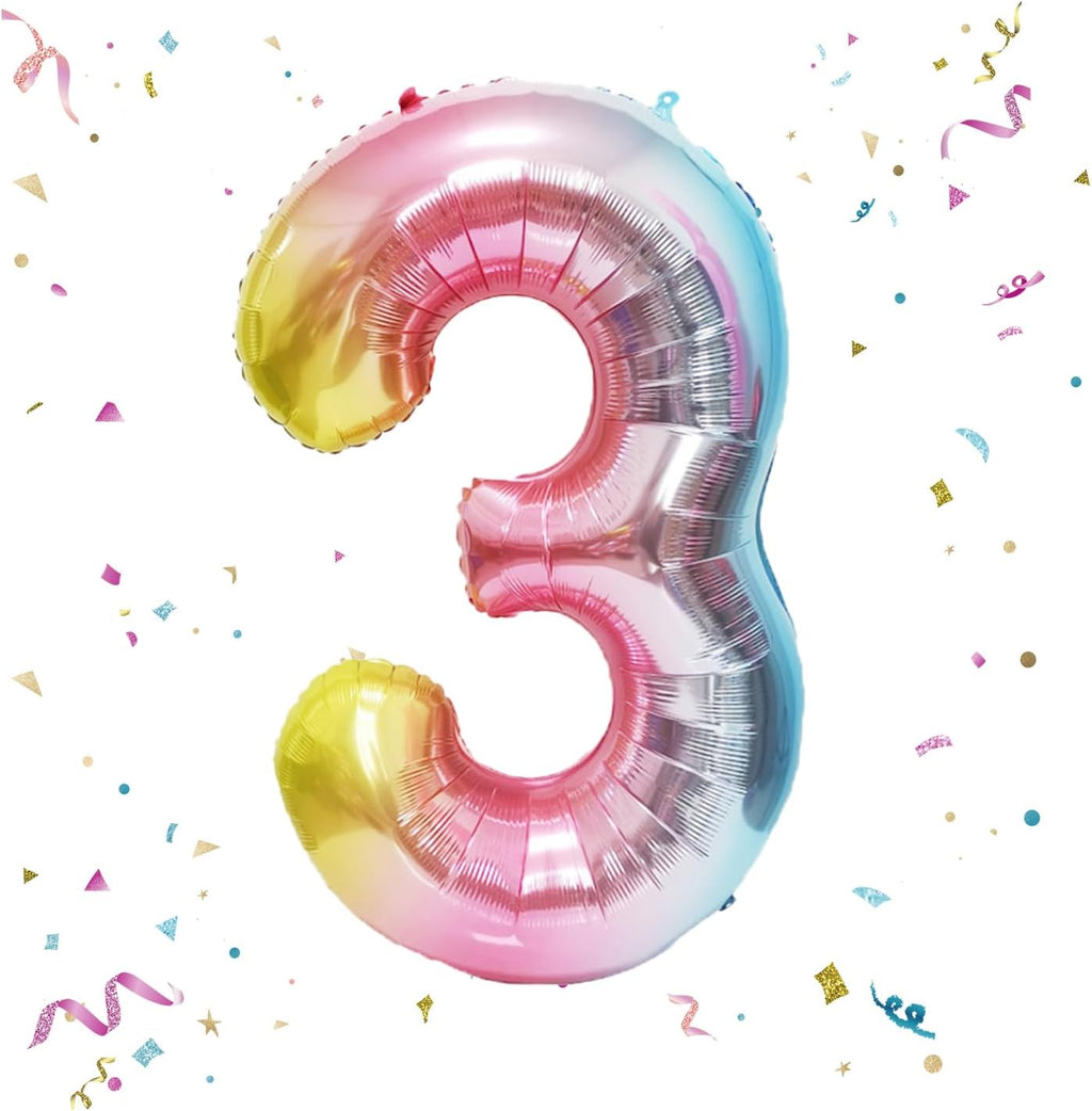 Skiennix 40-Inch Giant Rainbow Number 3 Balloon - Helium Mylar Foil for Birthday & Baby Shower Decor