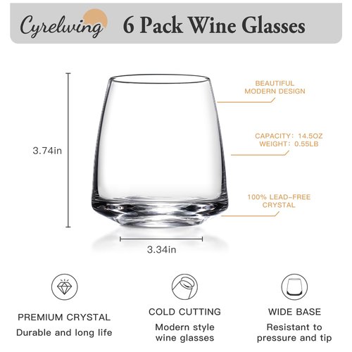 Stemless Wine Glasses Set of 6-14.5oz Hand Blown Heavy Red White Wine Glasses Unique gifts for him/her wedding, birthday, Mother's/father's day, anniversary