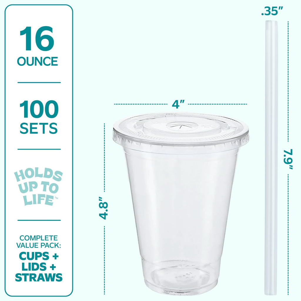 GUSTO - 16 oz - 100 Sets - Clear Plastic Cups with Lids and Straws – Disposable Iced Coffee Cups for Cold Drinks, Smoothies, Boba, and To-Go Beverages – Sturdy, Easy-to-Separate
