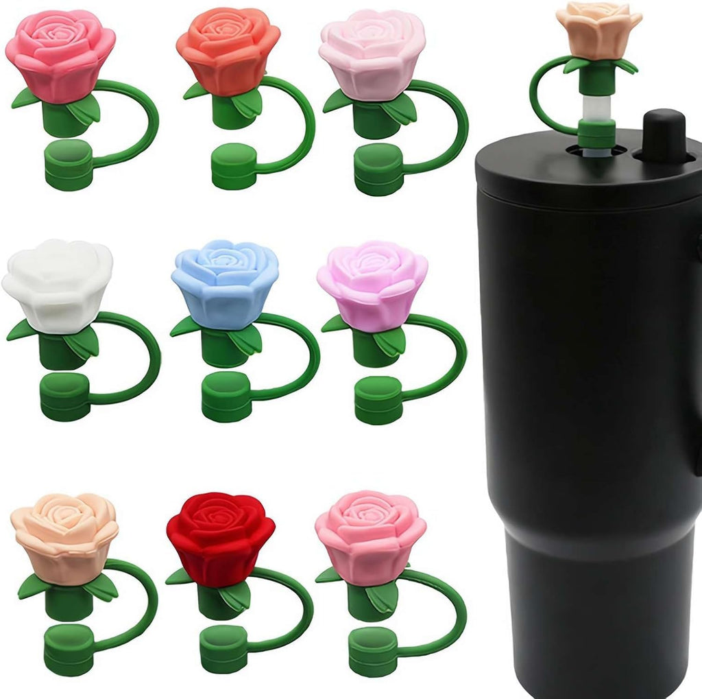 9 Pcs Silicone Rose Straw Cover Cap for Stanley Cup, Flower Straw Toppers Compatible with 6-10mm Drinking Straw, for Stanley Cup for Women Valentine's Gift