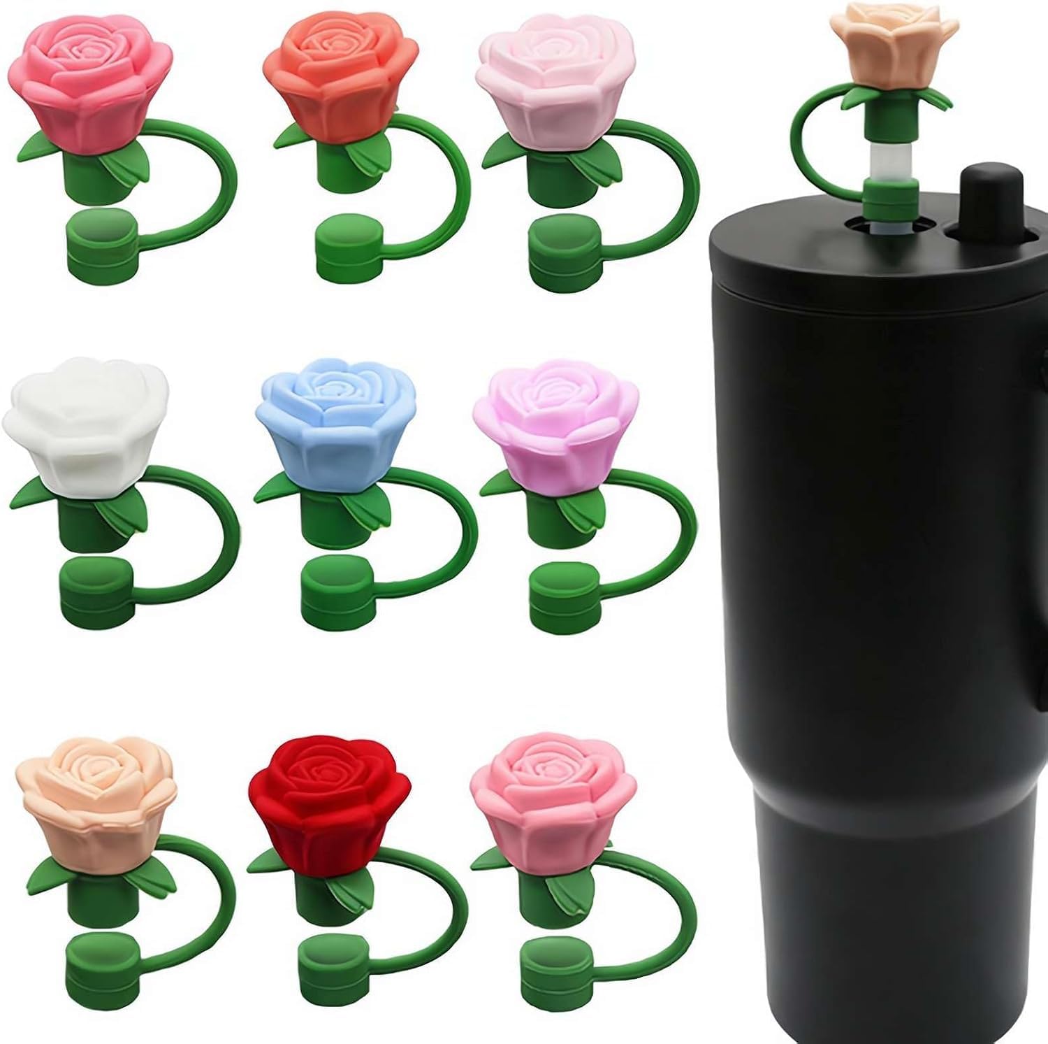 9 Pcs Silicone Rose Straw Cover Cap for Stanley Cup, Flower Straw Toppers Compatible with 6-10mm Drinking Straw, for Stanley Cup for Women Valentine's Gift