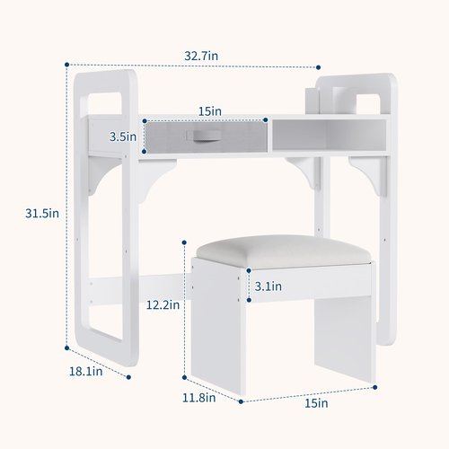 Garvee Kids Desk and Chair Set, Study Desk for Boys and Girl, Wooden Kids Writing Table with Cloth Drawers and Pen Holder, White