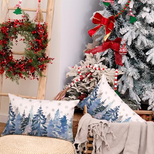 Christmas Lumbar Pillow Covers 12x20 Inch Set of 2, Teal Watercolor Tree