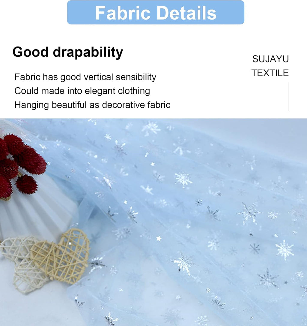SUJAYU Snowflake Foil Organza Fabric - Sheer Tablecloth for Birthday & Christmas Decor (59" x 118", Blue)