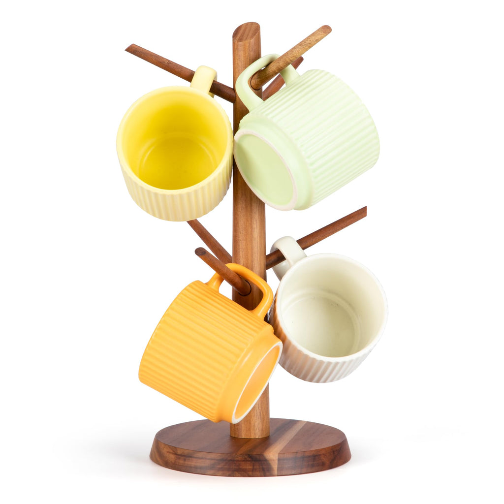 E-ROOM TREND Coffee Mug Holder Countertop Natural Acacia Wood Mug Tree, Wooden Mug Organizer with 6 Hooks for Kitchen Coffee Bar, Easy to Assemble, Ideal for Small to Medium Mugs