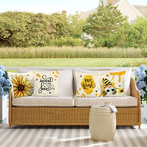 Summer Bee Throw Pillow Covers Set of 4 - 18x18 Inch Gnome Sunflower Design