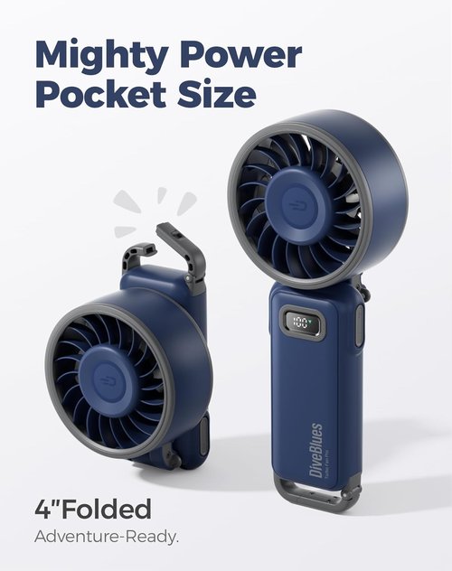 Diveblues Portable Handheld Fan - 7.4m/s High-Speed Turbo Fan | 180° Foldable 4-in-1 Design, USB-C Rechargeable, 12H Battery