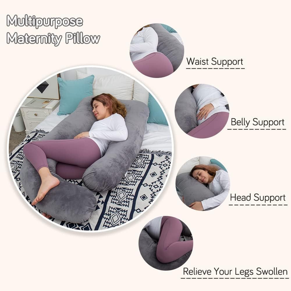 Skiennix 60 Inch Pregnancy Pillow - Extra Large U Shaped Maternity Body Pillow with Velvet Cover | Dark Grey