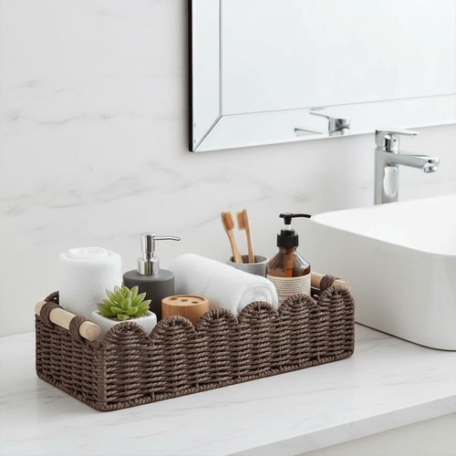 CubesLand Storage Basket - Woven Paper Rope with Scalloped Edges & Wood Handle | Brown, Versatile Home Décor